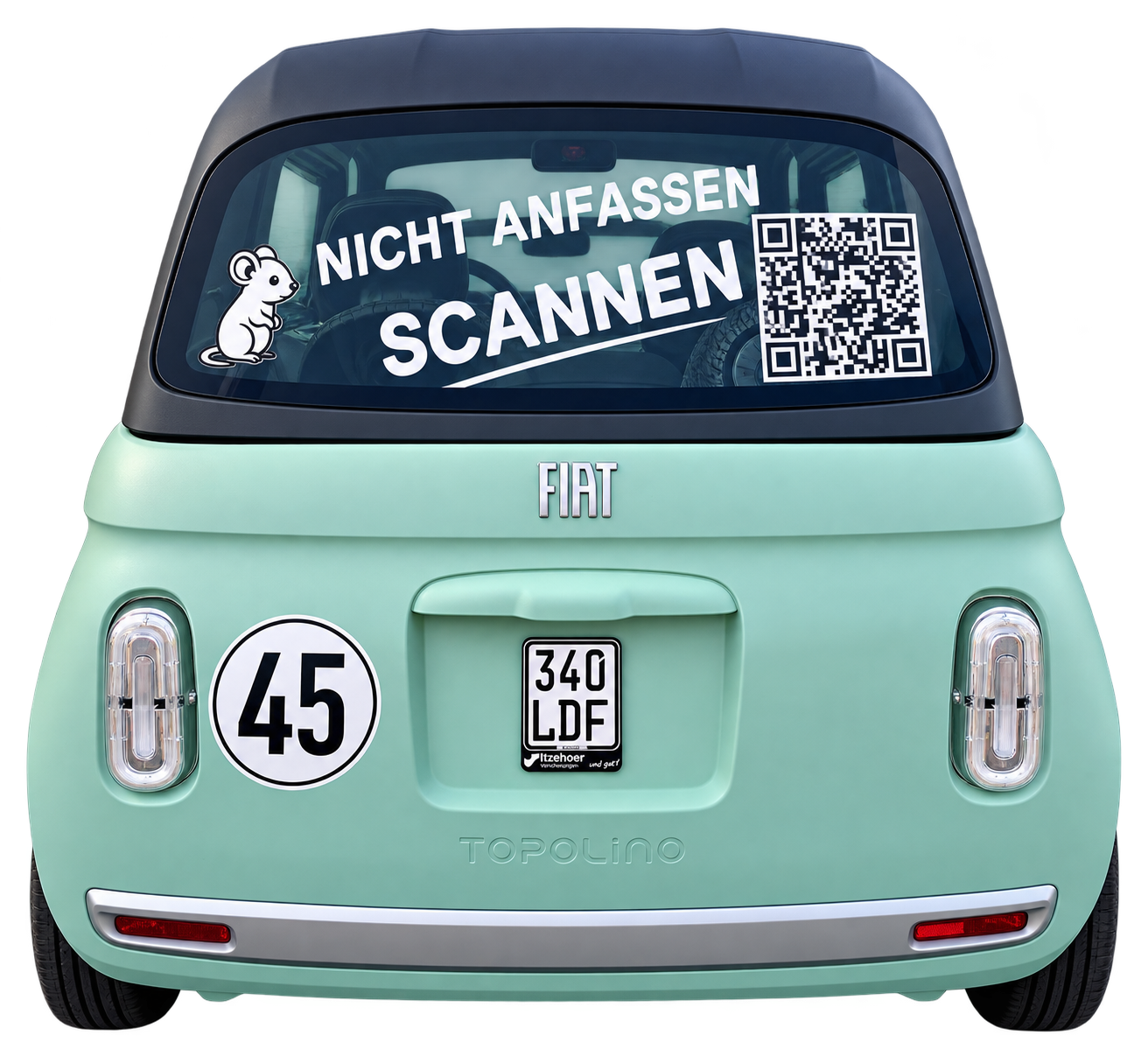 Heck des Sachkontor Topolino mit der Aufschrift Nicht anfassen – scannen und QR-Code